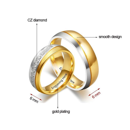 Personalised Couples Ring Set - Stainless Steel and Gold Tone Zirconia BandsName Rings