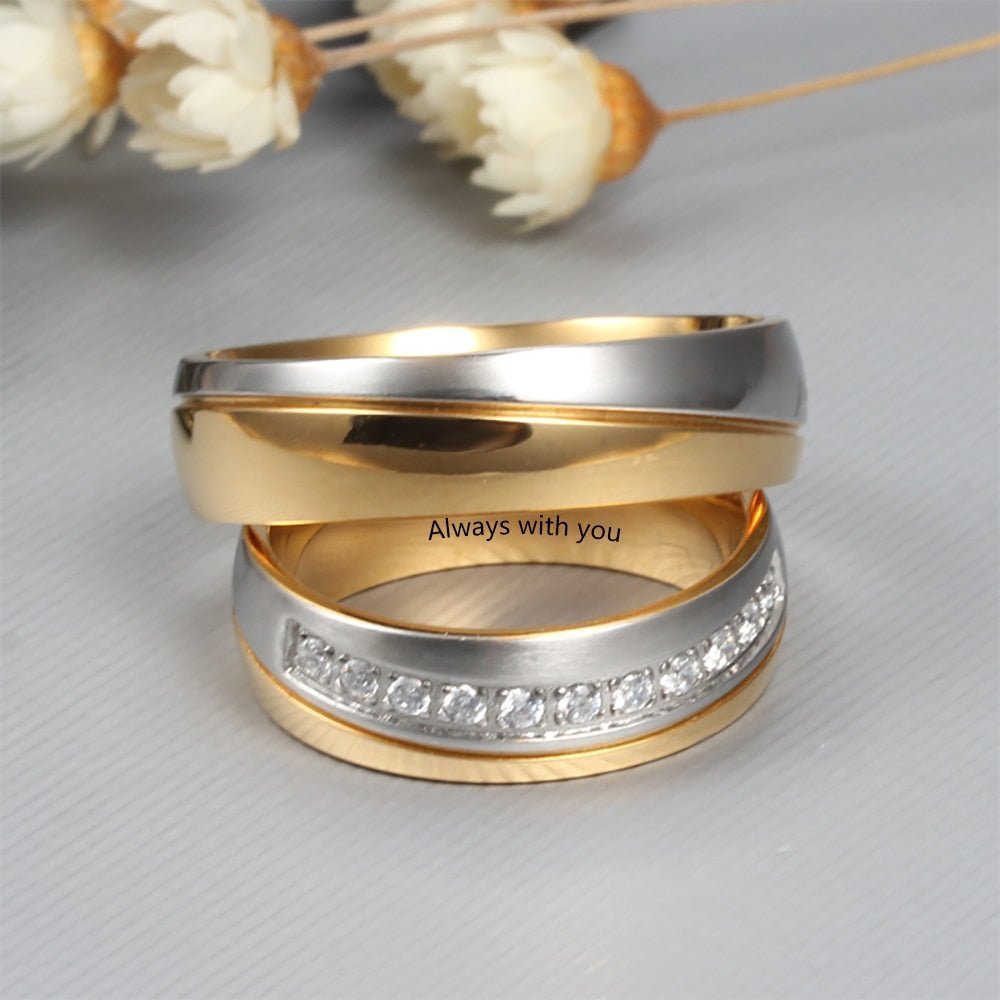 Personalised Couples Ring Set - Stainless Steel and Gold Tone Zirconia BandsName Rings