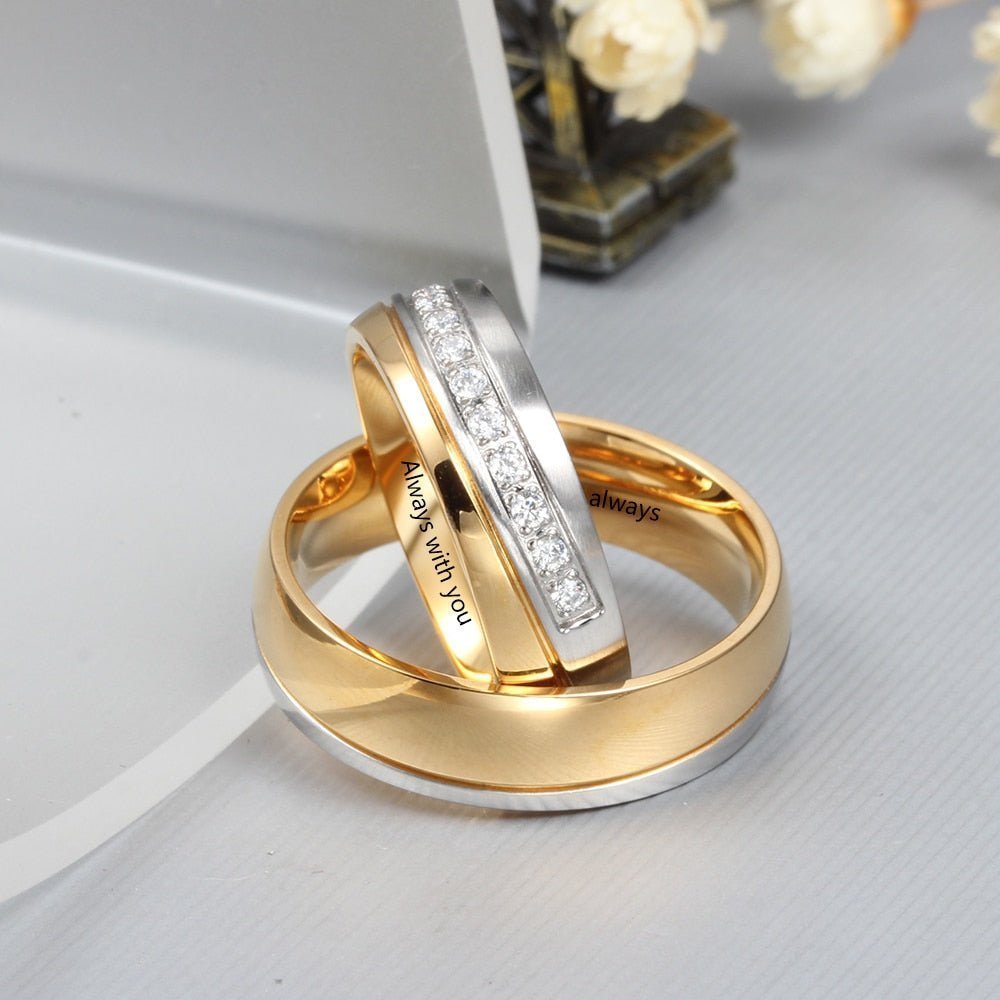 Personalised Couples Ring Set - Stainless Steel and Gold Tone Zirconia BandsName Rings