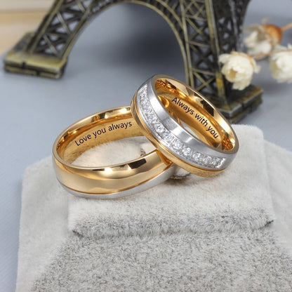 Personalised Couples Ring Set - Stainless Steel and Gold Tone Zirconia BandsName Rings