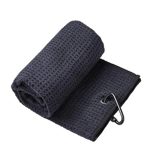 Dark gray textured towel with a metal clip on a white background