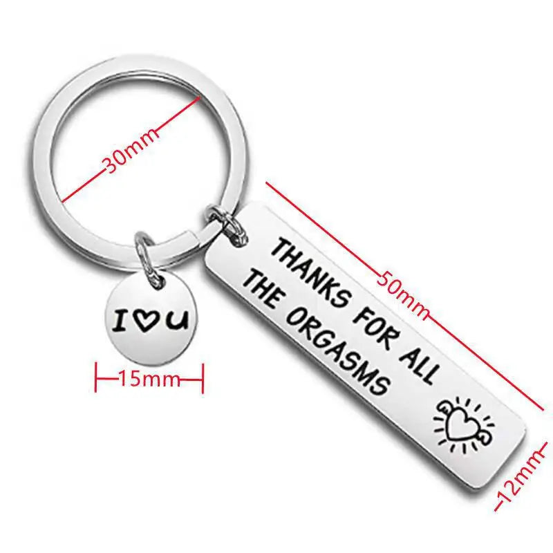 Keychain with 'Thanks for all the orgasms' and 'I ❤️ U' tags, with measurements on a white background.