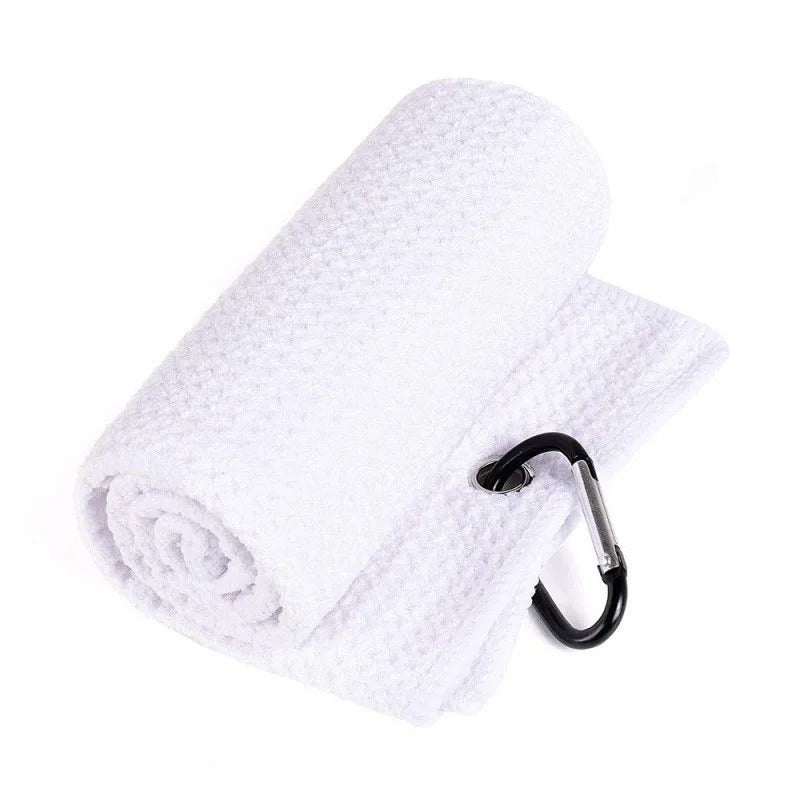 White towel with a black carabiner on a white background