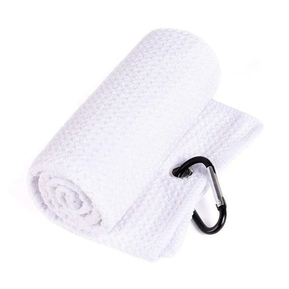 White towel with a black carabiner on a white background