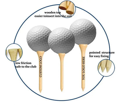 Golf tees with wooden tops and text highlighting features, on a white background.