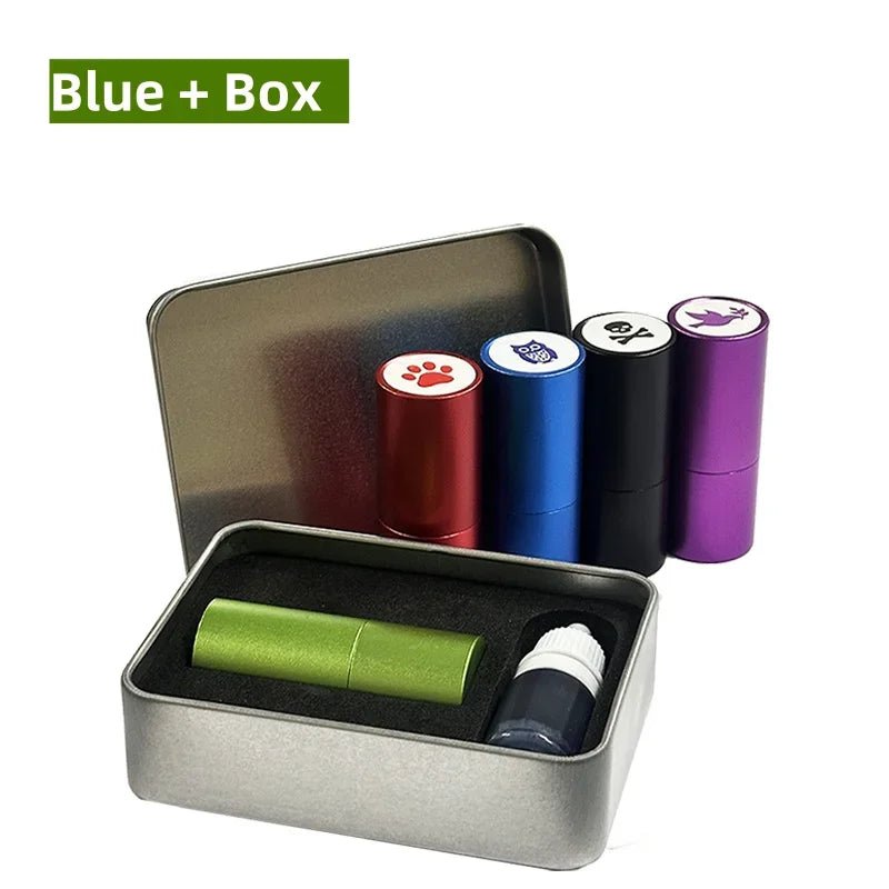Set of colorful cylindrical containers with a metal box on a white background, featuring 'Blue + Box' branding.