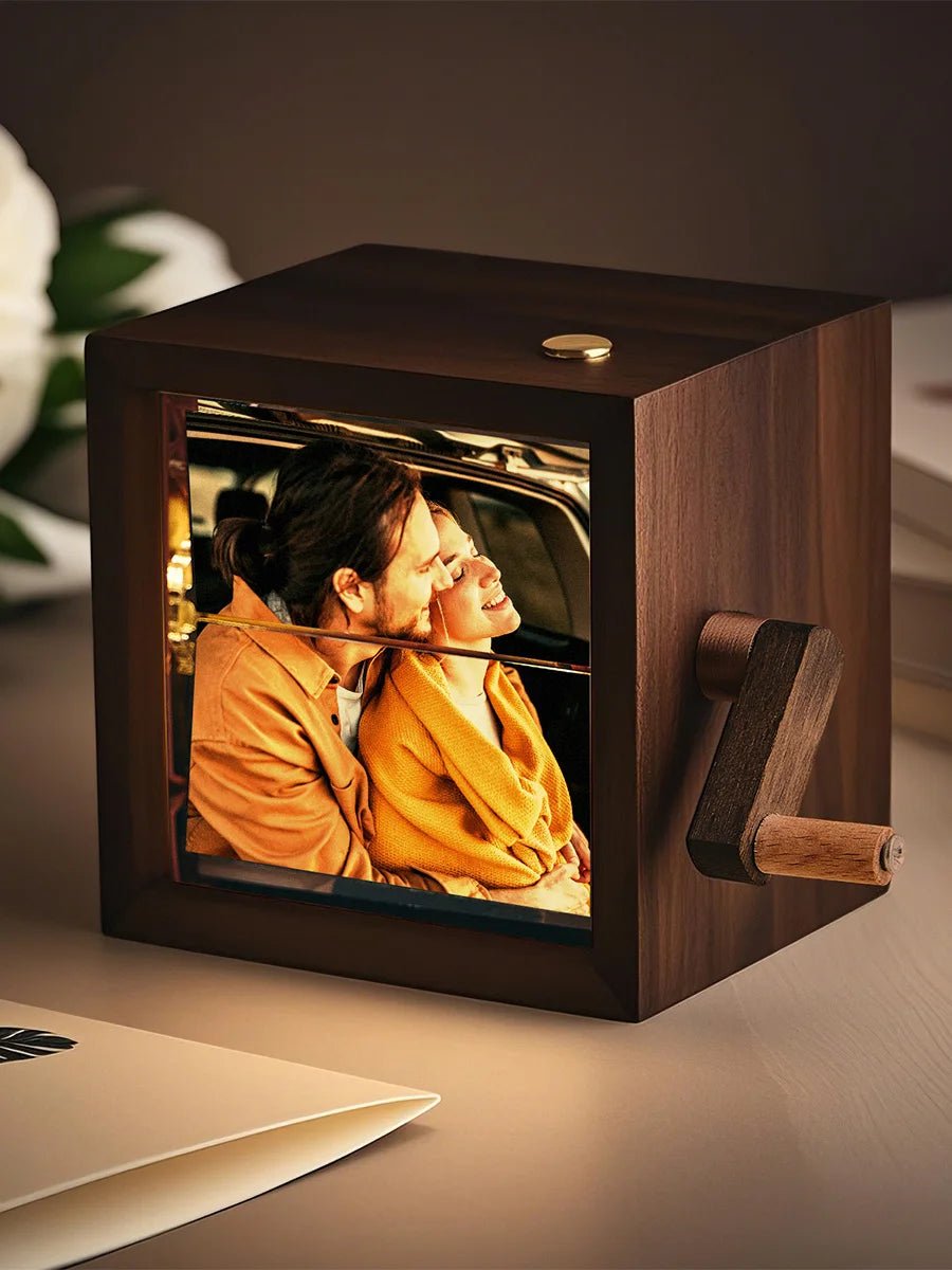 photo flip box with light in walnut wood