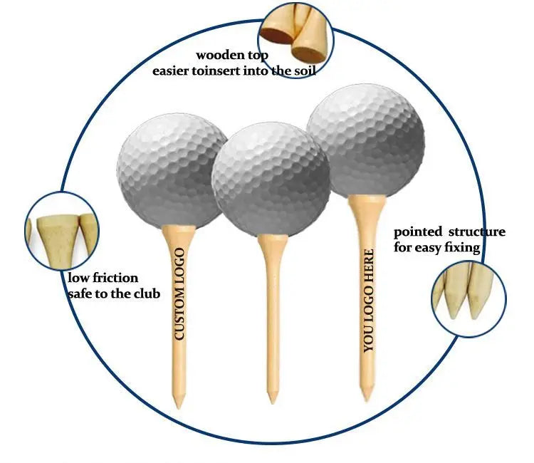 Golf tees with wooden tops and text highlighting features, on a white background.