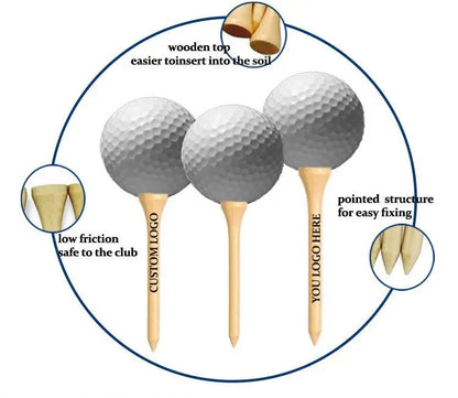 Golf tees with wooden tops and text highlighting features, on a white background.