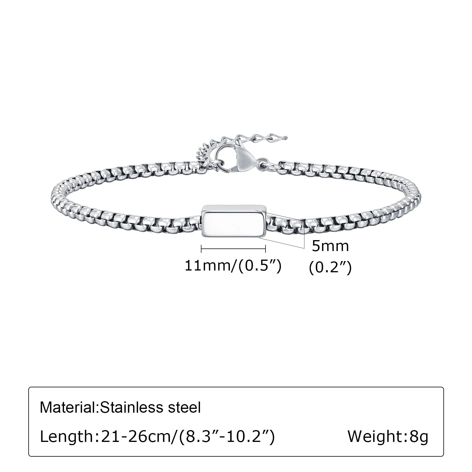 Silver bracelet with measurements and material details on a white background