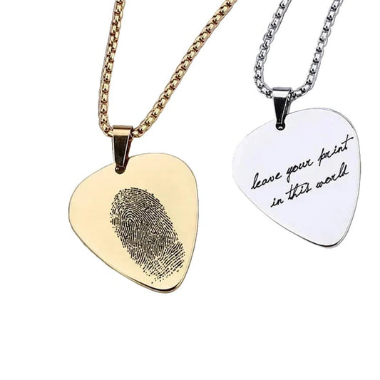 Guitar pick pendants with engraved fingerprint and custom handwriting 