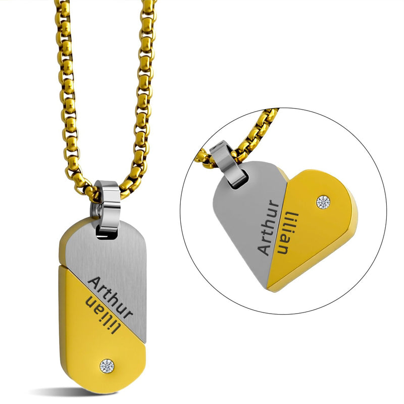 Engraved Two Tone Heart Twist Pendant Men's Necklace