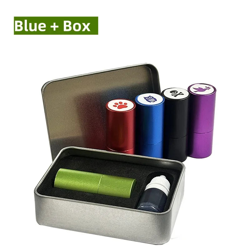 Set of colorful cylindrical containers with a metal box on a white background, featuring 'Blue + Box' branding.