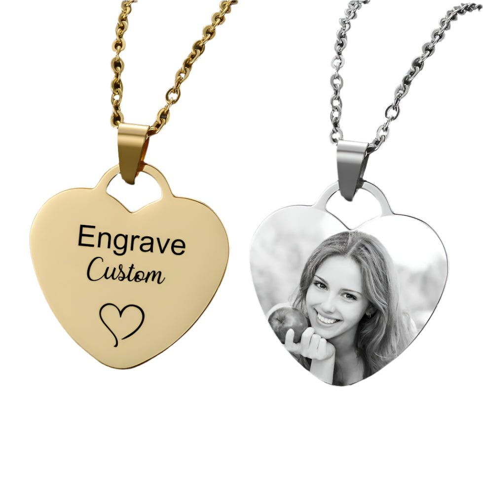 engraved photo necklace gold and silver hearts