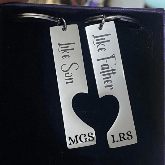 stainless steel keychain set engraved with text Like Father Like Son and Initials