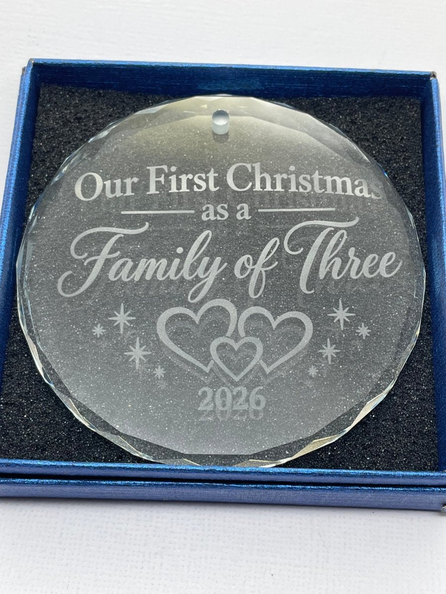 Our First Christmas as a Family of Three – Engraved Crystal Ornament