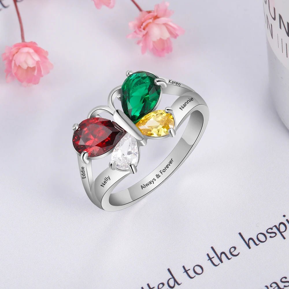 Personalised 4 Name & Birthstone Butterfly RingName Rings