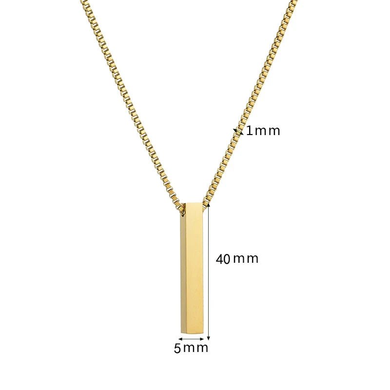 Gold necklace with a vertical bar pendant, shown with measurements on a white background.