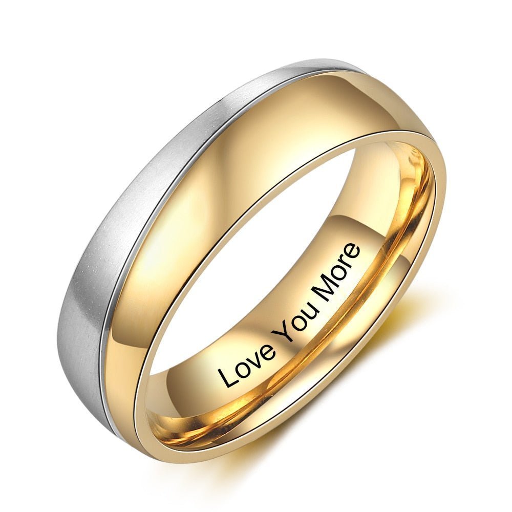 Personalised Couples Ring Set - Stainless Steel and Gold Tone Zirconia BandsName Rings