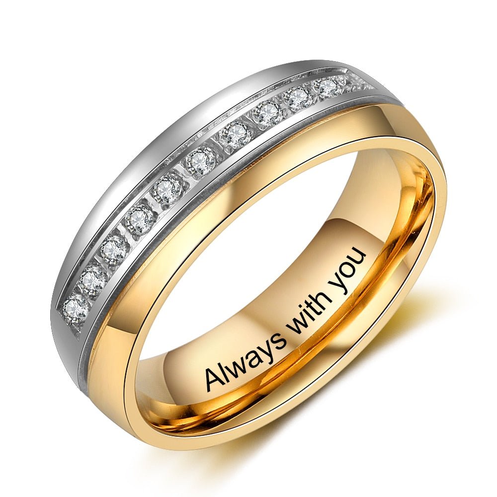 Personalised Couples Ring Set - Stainless Steel and Gold Tone Zirconia BandsName Rings