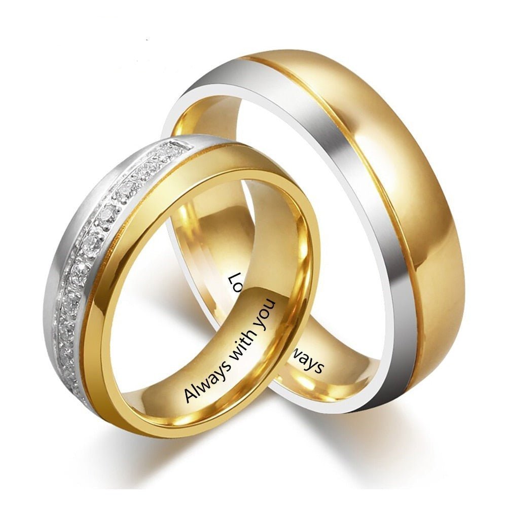 Personalised Couples Ring Set - Stainless Steel and Gold Tone Zirconia BandsName Rings