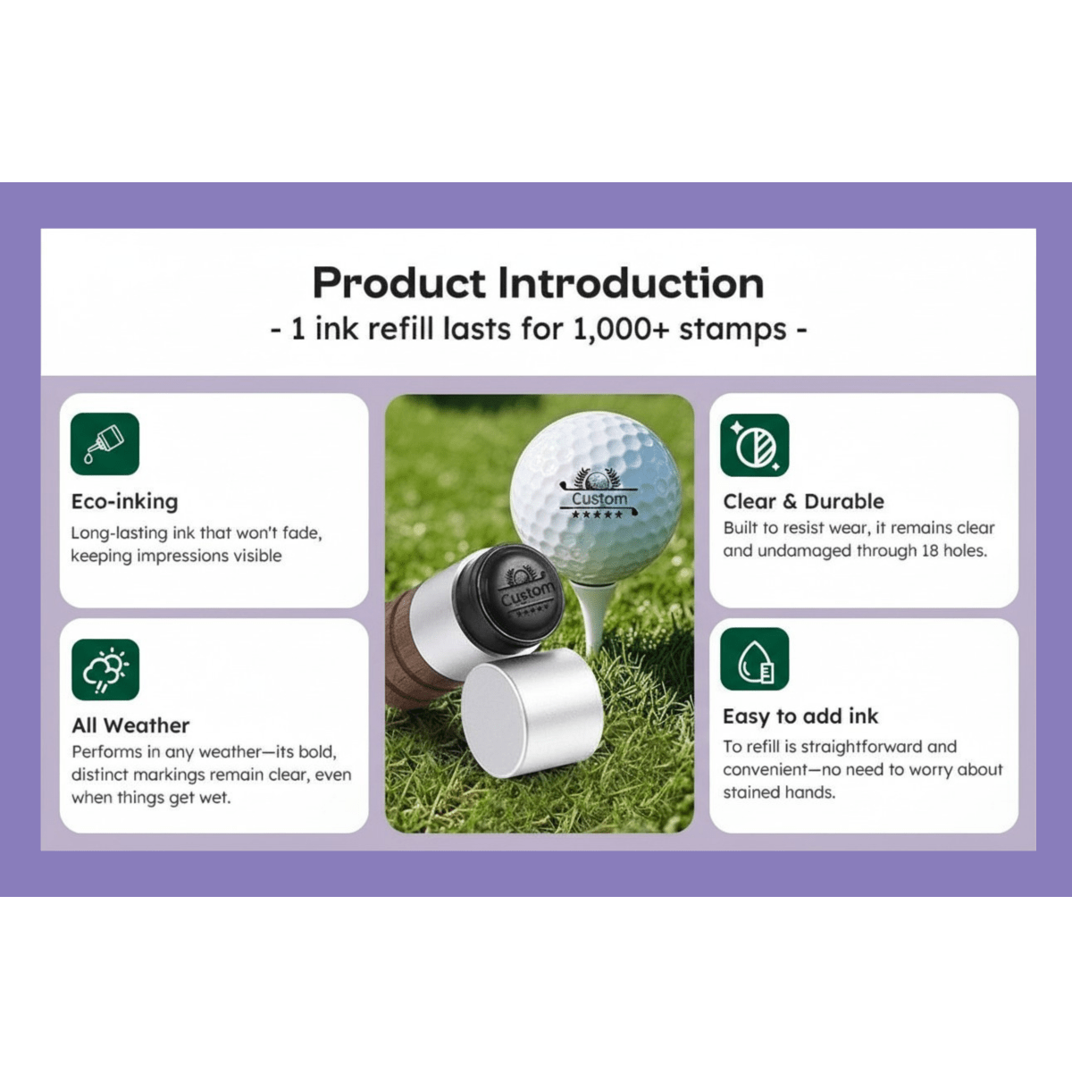 Product introduction graphic for a stamp refill with features listed on a white background.