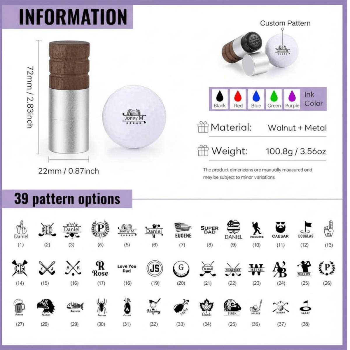 Product information sheet with a custom ball stamp, white ball, and customization options.