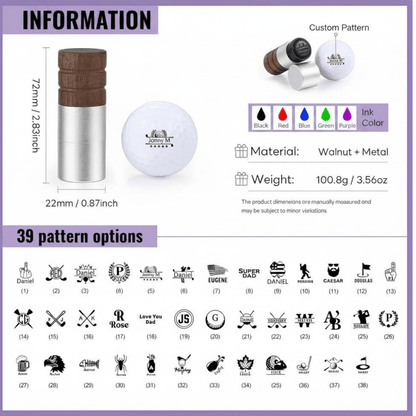 Product information sheet with a custom ball stamp, white ball, and customization options.
