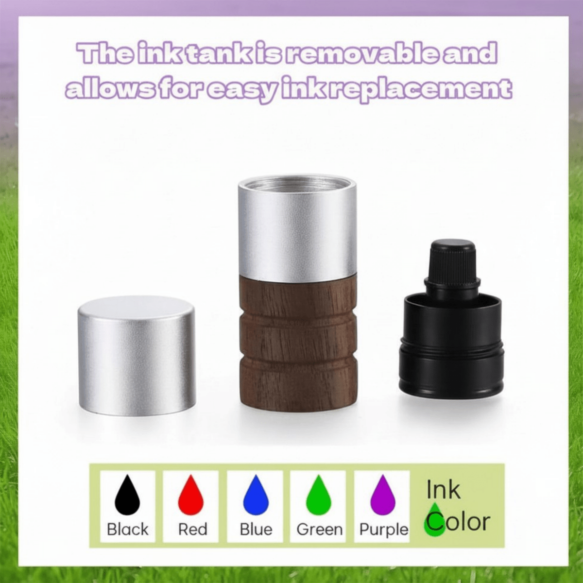 Ink tank system with three different colored ink tanks on a grass background