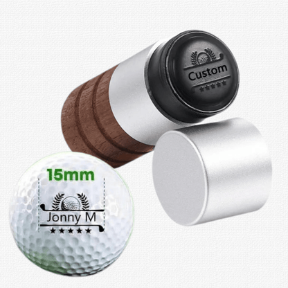 Golf ball branding stamp and branded golf ball on a white background
