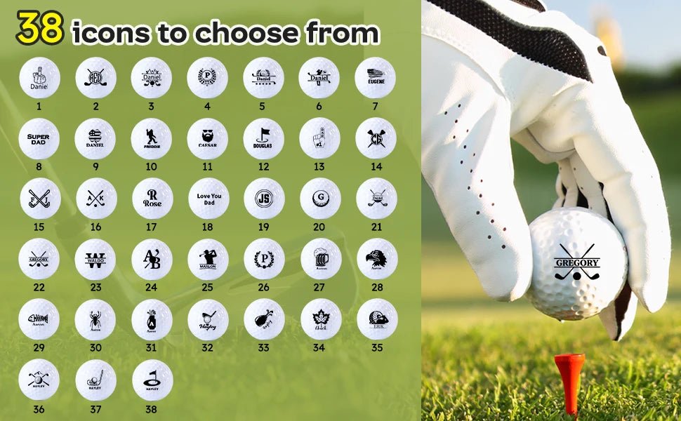 Golf-themed icon set for custom golf ball stamp with a golf glove and ball on a grass background