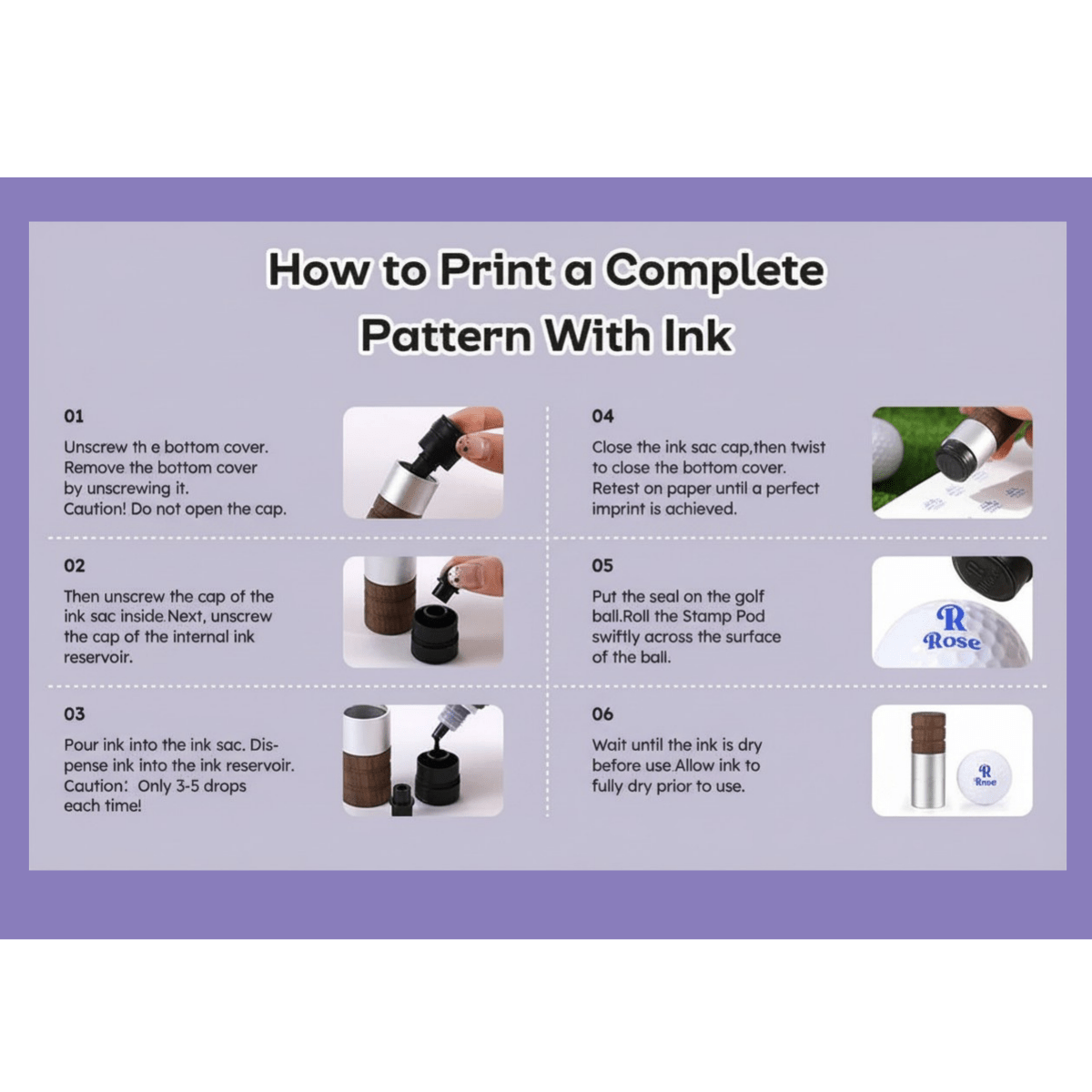 Instructions on how to print a complete pattern with ink, featuring images and text on a purple background.