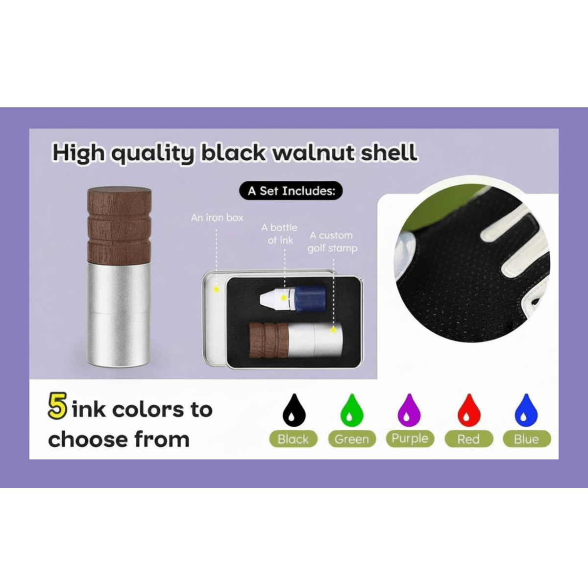 Personalised Golf stamp set with black walnut shell, ink bottle, and iron box on a purple background.