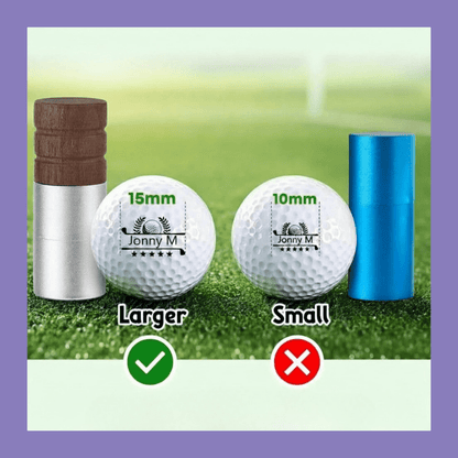 Two golf balls and 2 stamps labelled 'Larger' and 'Small' with measurement markers on a grass background.
