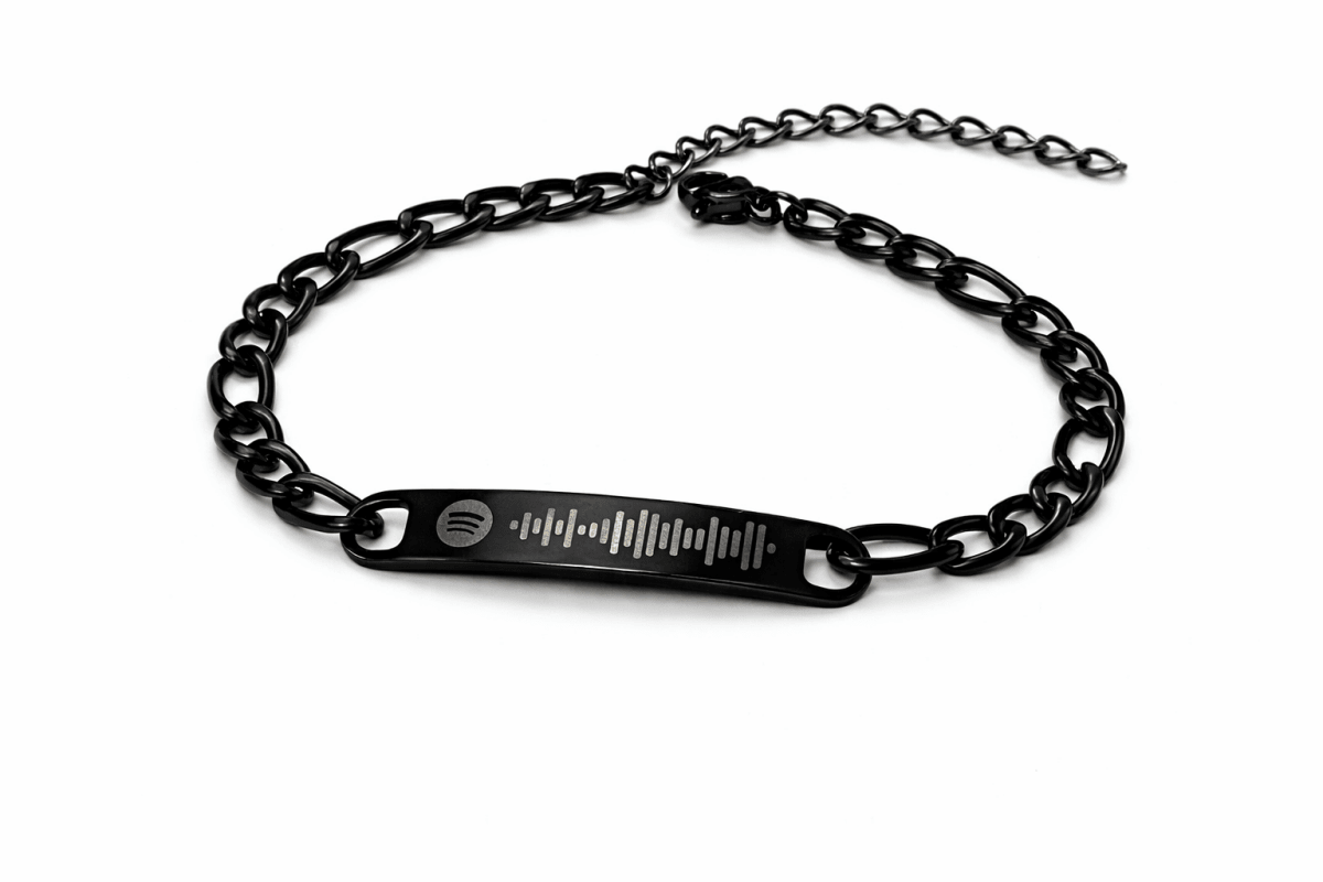 black bracelet engraved with spotify code