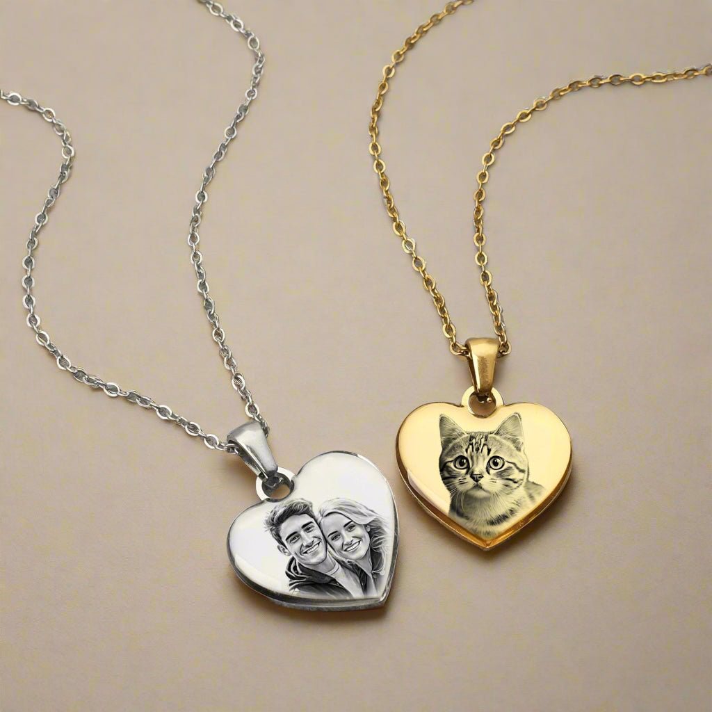 engraved heart pendant necklaces in gold and silver