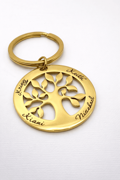 Gold keychain with tree of life design and engraved names 
