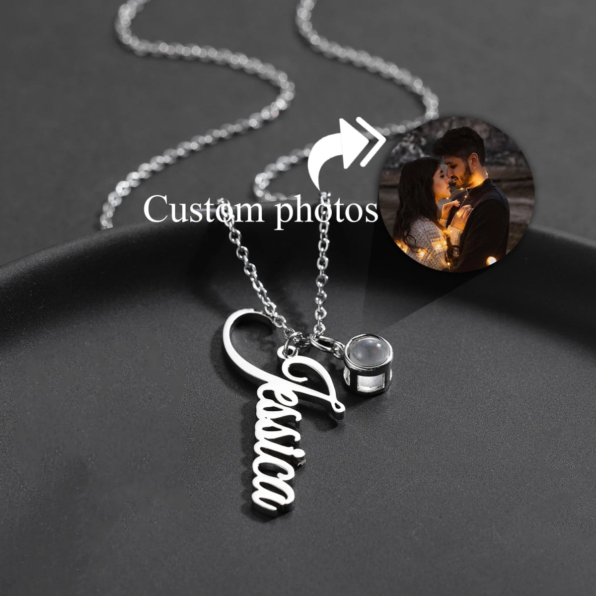 Vertical Name on a Necklace with Photo Projection PendantPhoto Necklaces