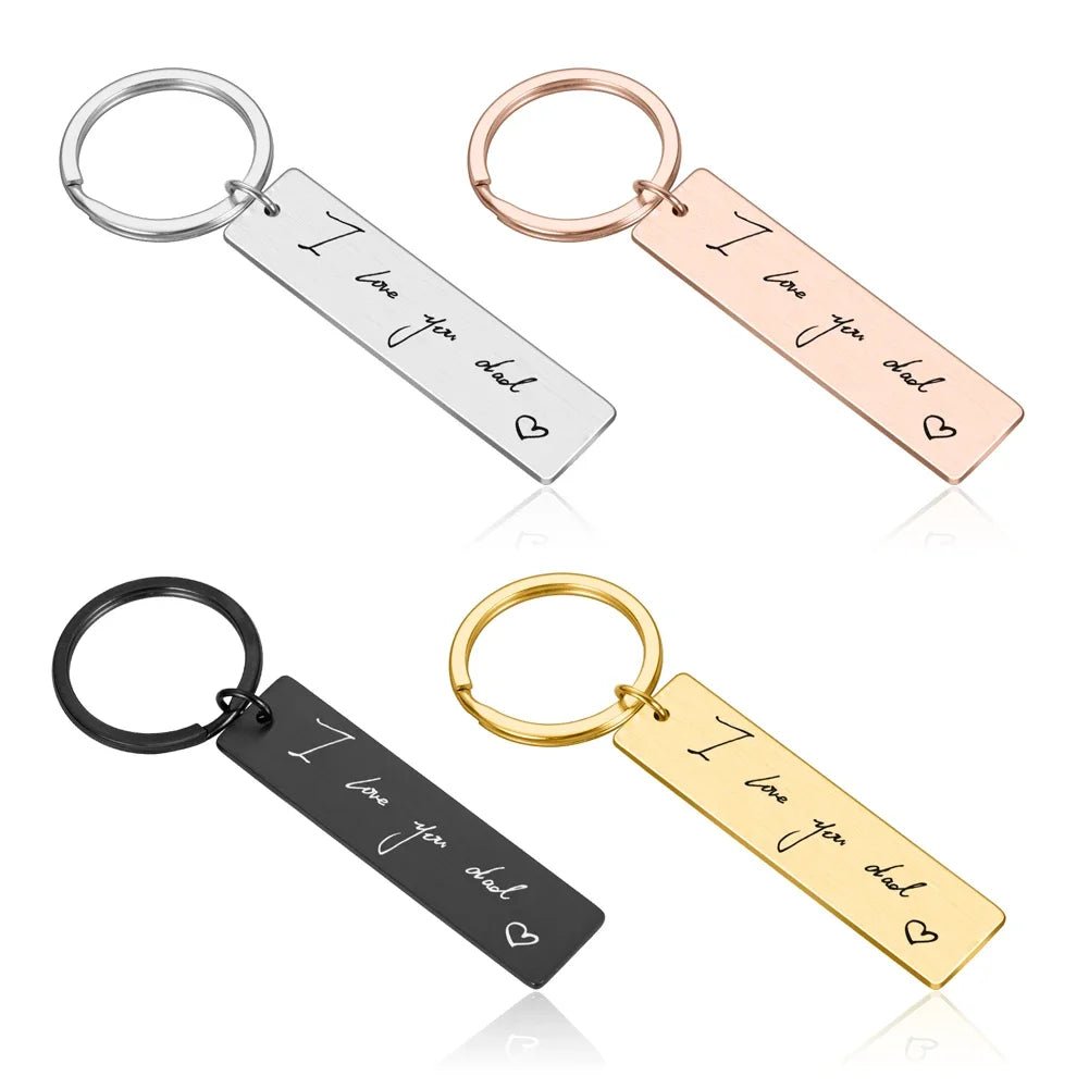 Own handwriting custom engraved keychains small rectangle in gold, silver , rose gold and black finish