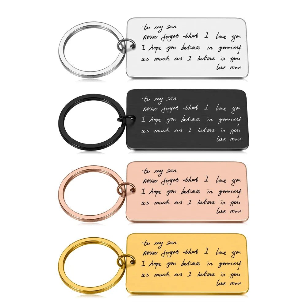 Custom engraved keychain with your own handwritten message, stainless steel with silver, gold, black or rose gold finish