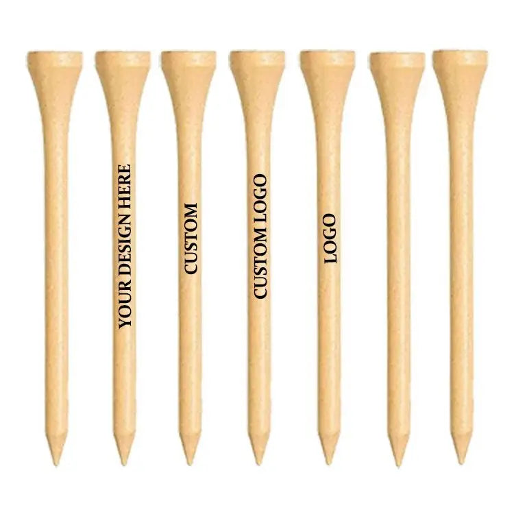 Set of wooden golf tees with customizable text on a white background