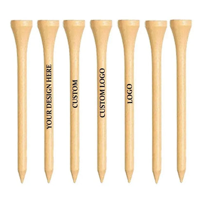 Set of wooden golf tees with customizable text on a white background